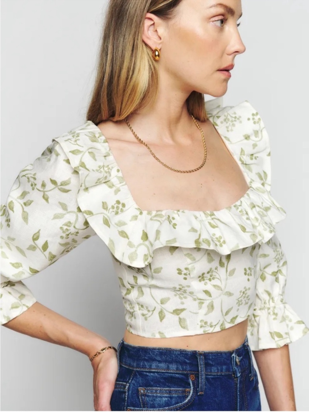 Reformation Edgewater Linen Botanical Floral Ruffle Puff Sleeve Top Size 0
